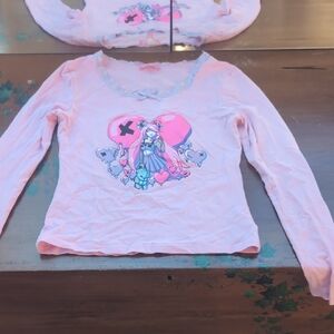 Sugar Thrillz Pastel Pink Long Sleeve Tee with Heart and Character Design
